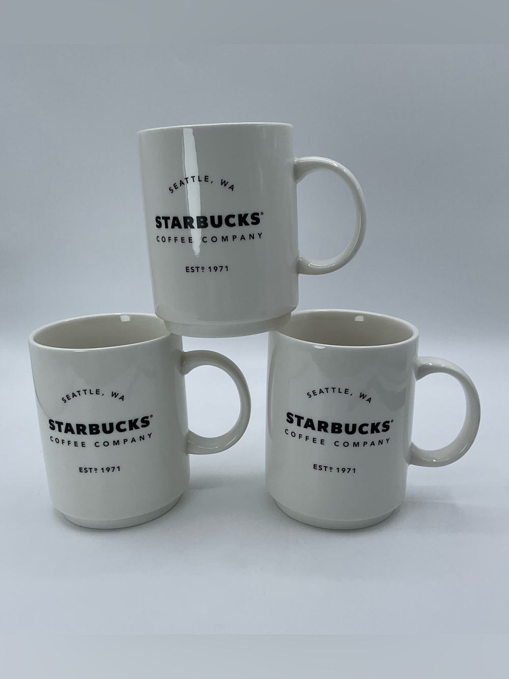 Set of 3 Starbucks Seattle WA Coffee Company White Ceramic Mugs 14 oz Est 1971